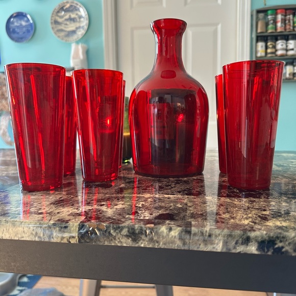 Antique Red Glass Sangria Barware Set Art Deco Holiday - Picture 9 of 10